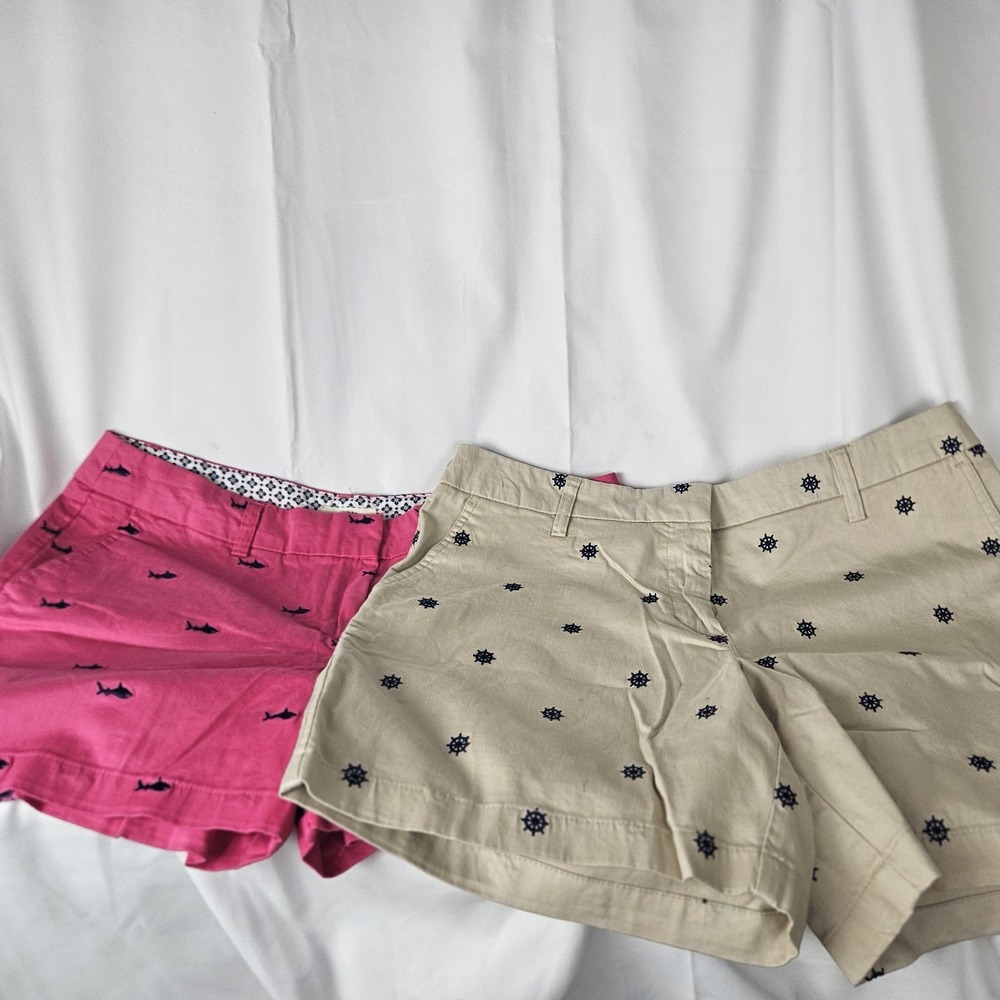 Cambridge Shorts Size 12 Pink Shark Tan Sailor Wheel, Anchor,4" Inseam Lot Of 2